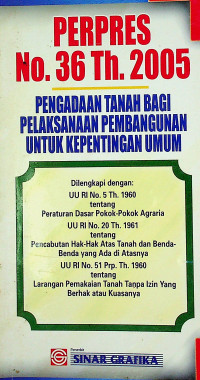 PERPRES No.36 Th. 2005 : PENGADAAN TANAH BAGI PELAKSANAAN PEMBANGUNAN UNTUK KEPENTINGAN UMUM